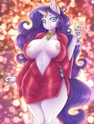 Size: 1368x1800 | Tagged: suggestive, artist:cheezayballz, rarity (mlp), equine, fictional species, mammal, pony, unicorn, anthro, friendship is magic, hasbro, my little pony, 2023, absolute cleavage, areola, bottomwear, breasts, champagne glass, cleavage, clothes, dress, female, horn, huge breasts, nipple outline, solo, solo female, thick thighs, thighs, wide hips