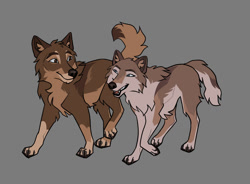 Size: 900x662 | Tagged: safe, artist:fenrisulv-en, aleu (balto), balto (balto), canine, dog, hybrid, mammal, wolf, wolfdog, feral, balto (series), 2d, daughter, duo, duo male and female, father, father and child, father and daughter, female, gray background, looking at each other, male, simple background