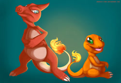 Size: 900x616 | Tagged: safe, artist:francis_john, charmander, charmeleon, fictional species, feral, nintendo, pokémon, 2010, ambiguous gender, ambiguous only, duo, duo ambiguous, gradient background, looking at each other, open mouth, starter pokémon