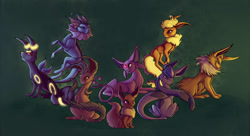 Size: 1210x660 | Tagged: safe, artist:francis_john, eevee, eeveelution, espeon, fictional species, flareon, glaceon, jolteon, leafeon, mammal, umbreon, vaporeon, feral, nintendo, pokémon, 2011, ambiguous gender, ambiguous only, group, looking at you