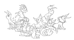 Size: 1211x660 | Tagged: safe, artist:francis_john, eevee, eeveelution, espeon, fictional species, flareon, glaceon, jolteon, leafeon, mammal, umbreon, vaporeon, feral, nintendo, pokémon, 2011, 2d, ambiguous gender, ambiguous only, group, looking at you, monochrome