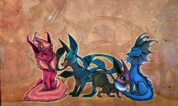 Size: 1154x692 | Tagged: safe, artist:francis_john, eevee, eeveelution, fictional species, flareon, glaceon, mammal, vaporeon, feral, nintendo, pokémon, 2013, 2d, ambiguous gender, ambiguous only, group, looking at you, zoom layer