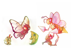 Size: 1095x730 | Tagged: safe, artist:francis_john, beedrill, butterfree, caterpie, fictional species, kakuna, metapod, weedle, feral, nintendo, pokémon, 2013, 2d, ambiguous gender, ambiguous only, group, simple background, white background