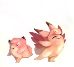 Size: 900x817 | Tagged: safe, artist:francis_john, clefable, clefairy, fictional species, feral, nintendo, pokémon, 2013, ambiguous gender, ambiguous only, duo, duo ambiguous, eyes closed, simple background, smiling, white background