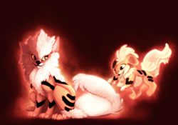 Size: 1067x749 | Tagged: safe, artist:francis_john, arcanine, fictional species, growlithe, mammal, feral, nintendo, pokémon, 2013, ambiguous gender, ambiguous only, duo, duo ambiguous
