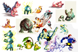 Size: 1096x729 | Tagged: safe, artist:francis_john, animate plant, bellsprout, dewgong, dodrio, doduo, fictional species, geodude, golem (pokémon), graveler, seel, victreebel, weepinbell, feral, nintendo, pokémon, 2013, 2d, ambiguous gender, ambiguous only, group, large group