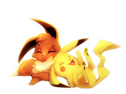 Size: 900x672 | Tagged: safe, artist:francis_john, eevee, eeveelution, fictional species, mammal, pikachu, feral, nintendo, pokémon, 2014, 2d, ambiguous gender, ambiguous only, cute, duo, duo ambiguous, eyes closed, open mouth, open smile, paw pads, paws, simple background, smiling, white background