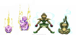 Size: 1303x613 | Tagged: safe, artist:francis_john, fictional species, hitmonchan, hitmonlee, koffing, weezing, feral, nintendo, pokémon, 2014, 2d, ambiguous gender, ambiguous only, group, simple background, white background