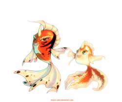 Size: 978x817 | Tagged: safe, artist:francis_john, fictional species, fish, goldeen, seaking, feral, nintendo, pokémon, 2014, 2d, duo, duo male and female, female, male, simple background, white background