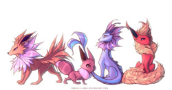 Size: 1200x635 | Tagged: safe, artist:francis_john, eevee, eeveelution, fictional species, flareon, jolteon, mammal, vaporeon, feral, nintendo, pokémon, 2014, 2d, ambiguous gender, ambiguous only, group, simple background, white background