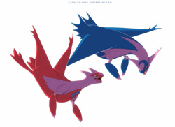 Size: 1047x763 | Tagged: safe, artist:francis_john, fictional species, latias, latios, legendary pokémon, feral, nintendo, pokémon, 2016, 2d, ambiguous gender, ambiguous only, duo, duo ambiguous, looking at each other, simple background, white background