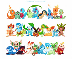 Size: 987x810 | Tagged: safe, artist:francis_john, bulbasaur, charmander, chikorita, chimchar, cyndaquil, fennekin, fictional species, froakie, fuecoco, grookey, litten, mudkip, oshawott, piplup, popplio, quaxly, rowlet, scorbunny, snivy, sobble, sprigatito, squirtle, tepig, torchic, totodile, treecko, turtwig, feral, nintendo, pokémon, spoiler:pokémon gen 9, spoiler:pokémon scarlet and violet, 2022, 2d, ambiguous gender, ambiguous only, grokey, group, looking at you, simple background, starter pokémon, white background