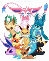 Size: 960x1200 | Tagged: safe, artist:francis_john, eevee, eeveelution, espeon, fictional species, flareon, glaceon, jolteon, leafeon, mammal, sylveon, umbreon, vaporeon, feral, nintendo, pokémon, 2022, 2d, ambiguous gender, ambiguous only, group, looking at you, paw pads, paws, simple background, white background