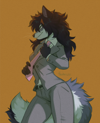 Size: 806x1000 | Tagged: safe, artist:hioshiru, oc, oc only, oc:hioshiru, bird, canine, enfield, fictional species, fox, mammal, wolf, anthro, 2022, black hair, bottomwear, breasts, clothes, ear fluff, female, fluff, hair, jacket, long hair, looking at you, necktie, pants, shirt, solo, solo female, suit, tail, tail fluff, topwear