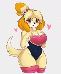 Size: 1500x1800 | Tagged: safe, artist:artkett1412, isabelle (animal crossing), rouge the bat (sonic), canine, dog, mammal, shih tzu, anthro, animal crossing, nintendo, sega, sonic the hedgehog (series), 2022, alternate outfit, belly button, big breasts, black nose, blonde hair, blushing, breasts, brown eyes, brown hair, chest fluff, cleavage, clothes, cosplay, costume, countershade torso, countershading, crossover, female, fluff, fur, glistening, glistening body, gray background, hair, hair accessory, hand on breast, heart, long tail, looking at you, multicolored body, multicolored face, multicolored fur, multicolored hair, multicolored skin, open mouth, portrait, simple background, solo, solo female, tail, thick thighs, thighs, three-quarter view, tied hair, toy dog, two toned body, two toned fur, two toned hair, white body, white countershading, white fur, white skin, wide hips, yellow body, yellow fur, yellow skin