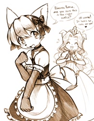 Size: 662x850 | Tagged: safe, artist:matcha, princess terria (tail concerto), waffle ryebread (tail concerto), canine, dog, mammal, monotreme, tail concerto, clothes, crossdressing, duo, embarrassed, female, maid outfit, male