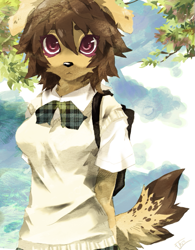 Size: 467x600 | Tagged: safe, artist:jeniak, oc, oc only, canine, dog, mammal, anthro, 2011, archived source, backpack, bipedal, black nose, blue sky, brown body, brown fur, brown hair, clothes, detailed background, digital art, female, floppy ears, fluff, fur, hair, half body, kemono, multicolored fur, plant, red eyes, school uniform, shirt, solo, solo female, standing, t-shirt, tail, tail fluff, topwear, tree, two toned body, two toned fur