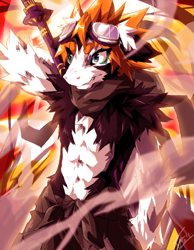 Size: 515x663 | Tagged: safe, artist:jeniak, oc, oc only, dragon, fictional species, anthro, 2011, abs, abstract background, fangs, fur, goggles, goggles on head, hair, kemono, male, muscles, orange hair, sharp teeth, solo, solo male, sword, teeth, weapon, white body, white fur