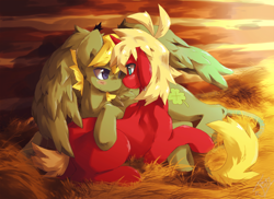 Size: 1100x800 | Tagged: safe, artist:jeniak, equine, fictional species, mammal, pegasus, pony, feral, hasbro, my little pony, 2012, ambiguous gender, ambiguous only, blonde hair, detailed background, duo, duo ambiguous, eye contact, fur, green body, green fur, hair, hay, looking at each other, ponified, red body, red fur, romantic couple, smiling