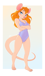 Size: 1392x2324 | Tagged: safe, artist:smileeeeeee, gadget hackwrench (chip 'n dale: rescue rangers), mammal, mouse, rodent, anthro, plantigrade anthro, chip 'n dale: rescue rangers, disney, 2022, blue eyes, breasts, clothes, crossed arms, feet, female, hair, long hair, looking at you, one-piece swimsuit, orange hair, solo, solo female, swimsuit