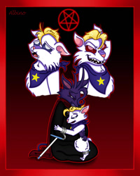 Size: 1024x1280 | Tagged: safe, artist:queen-quail, oc, oc:adolf, oc:cain, feral, bandanna, braces, clothes, crutch, demonic, duo, father, father and child, male, pentagram, polio, posessed