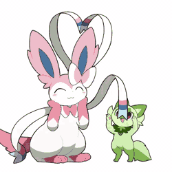 Size: 640x640 | Tagged: safe, artist:tontaro, eeveelution, fictional species, mammal, sprigatito, sylveon, feral, nintendo, pokémon, spoiler:pokémon gen 9, spoiler:pokémon scarlet and violet, 2d, 2d animation, ambiguous gender, ambiguous only, animated, behaving like a cat, digital art, duo, duo ambiguous, ears, eyes closed, fur, gif, heart, open mouth, paws, ribbons (body part), simple background, starter pokémon, tail, tail wag, tongue, white background