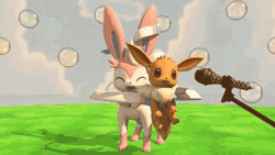 Size: 640x360 | Tagged: source needed, useless source url, safe, artist:mrpatafoin, artist:patafoin, edit, eevee, eeveelution, fictional species, mammal, sylveon, feral, nintendo, pokémon, 16:9, 3d, 3d animation, ambiguous gender, ambiguous only, animated, digital art, duo, duo ambiguous, ears, eyes closed, fluff, fur, gif, lifting, low res, microphone, neck fluff, open mouth, paws, ribbons (body part), source filmmaker, tail, tongue