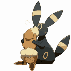 Size: 640x640 | Tagged: safe, artist:tontaro, eevee, eeveelution, fictional species, mammal, umbreon, feral, nintendo, pokémon, 2d, 2d animation, ambiguous gender, ambiguous only, animated, blinking, colored sclera, digital art, duo, duo ambiguous, ears, fluff, fur, gif, lifting, neck fluff, open mouth, paws, red sclera, simple background, tail, tail wag, tongue, upside down, white background