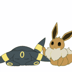 Size: 640x640 | Tagged: safe, artist:tontaro, eevee, eeveelution, fictional species, mammal, umbreon, feral, nintendo, pokémon, 2d, 2d animation, ambiguous gender, ambiguous only, animated, bedroom eyes, colored sclera, digital art, duo, duo ambiguous, ears, fluff, fur, gif, glowing, neck fluff, paws, red sclera, simple background, sleeping, tail, tail wag, wake up, white background