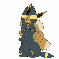 Size: 640x640 | Tagged: safe, artist:tontaro, eevee, eeveelution, fictional species, mammal, umbreon, feral, nintendo, pokémon, 2d, 2d animation, ambiguous gender, ambiguous only, animated, bedroom eyes, colored sclera, digital art, duo, duo ambiguous, ear grab, ears, eyes closed, fluff, fur, gif, neck fluff, open mouth, paws, punching, red sclera, simple background, tail, tail wag, tongue, white background
