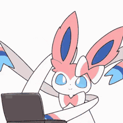 Size: 640x640 | Tagged: source needed, safe, artist:tontaro, eeveelution, fictional species, mammal, sylveon, feral, nintendo, pokémon, 2d, 2d animation, ambiguous gender, animated, digital art, ears, fur, gif, laptop, paws, ribbons (body part), simple background, solo, solo ambiguous, tail, white background