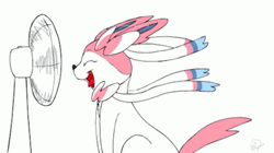 Size: 498x278 | Tagged: artist needed, source needed, safe, eeveelution, fictional species, mammal, sylveon, feral, nintendo, pokémon, 2d, 2d animation, ambiguous gender, animated, digital art, ears, eyes closed, fan, fur, gif, low res, open mouth, paws, ribbons (body part), simple background, solo, solo ambiguous, tail, tongue, white background