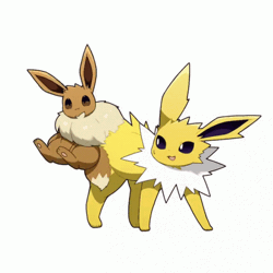 Size: 498x498 | Tagged: source needed, safe, artist:tontaro, eevee, eeveelution, fictional species, jolteon, mammal, feral, nintendo, pokémon, 1:1, 2022, 2d, 2d animation, ambiguous gender, ambiguous only, animated, butt, butt shake, digital art, duo, duo ambiguous, ears, fluff, fur, gif, low res, neck fluff, open mouth, paws, shaking, simple background, stuck, tail, tongue, white background