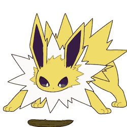 Size: 640x640 | Tagged: safe, artist:tontaro, eeveelution, fictional species, jolteon, mammal, feral, nintendo, pokémon, 2d, 2d animation, ambiguous gender, animated, behaving like a cat, digital art, ears, fluff, food, fur, gif, hissing, neck fluff, paws, pickle, simple background, solo, solo ambiguous, tail, white background