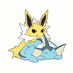 Size: 640x640 | Tagged: safe, artist:tontaro, eeveelution, fictional species, jolteon, mammal, vaporeon, feral, nintendo, pokémon, 2d, 2d animation, ambiguous gender, ambiguous only, animated, digital art, duo, duo ambiguous, ears, eyes closed, fins, fluff, frame by frame, fur, gif, massage, neck fluff, paws, simple background, tail, white background