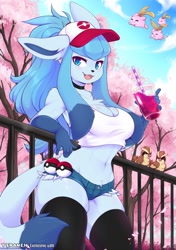 Size: 900x1282 | Tagged: safe, alternate version, artist:teranen, bird, eeveelution, fictional species, glaceon, hoppip, mammal, pidgey, anthro, feral, nintendo, pokémon, 2021, absolute cleavage, adorasexy, ambiguous gender, anthrofied, belly button, big breasts, blue body, blue hair, breasts, cap, chest fluff, cleavage, clothes, curvy, cute, cute little fangs, drink, ear fluff, fangs, female, female focus, fluff, hair, hat, headwear, legwear, long hair, looking at you, midriff, plant, pubic fluff, sexy, sharp teeth, skindentation, smiling, smiling at you, solo, solo female, solo focus, tail, tail fluff, tank top, teeth, thick thighs, thigh highs, thighs, topwear, wide hips