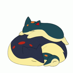 Size: 498x498 | Tagged: safe, artist:tontaro, cyndaquil, fictional species, quilava, typhlosion, feral, nintendo, pokémon, 2d, 2d animation, ambiguous gender, ambiguous only, animated, cuddling, digital art, ears, eyes closed, frame by frame, fur, gif, group, hug, paws, simple background, sleeping, slipping, squigglevision, starter pokémon, tail, trio, trio ambiguous, white background