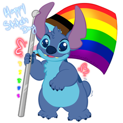 Size: 1000x1000 | Tagged: safe, artist:emmygoat, stitch (lilo & stitch), alien, experiment (lilo & stitch), fictional species, anthro, disney, lilo & stitch, 2021, 4 fingers, 4 toes, 6/26, blue claws, blue eyes, blue nose, blue paw pads, chest fluff, claws, digital art, ears, english text, finger claws, fingers, flag, fluff, head fluff, looking at you, open mouth, open smile, paw pads, pride, pride flag, progress pride flag, short tail, simple background, smiling, solo, standing, tail, tail wag, text, toe claws, toes, torn ear, transparent background