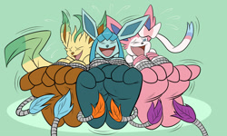 Size: 1280x768 | Tagged: safe, artist:wrapped-mongoose, eeveelution, fictional species, glaceon, leafeon, mammal, sylveon, anthro, plantigrade anthro, nintendo, pokémon, anthrofied, barefoot, feet, fetish, foot fetish, foot focus, soles, tickling, toes