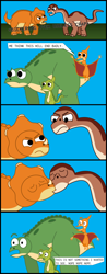 Size: 1192x3031 | Tagged: safe, artist:tomnice, furbooru exclusive, cera (the land before time), ducky (the land before time), littlefoot (the land before time), petrie (the land before time), spike (the land before time), apatosaurus, ceratops, dinosaur, duck-billed dinosaur, pteranodon, pterosaur, reptile, saurolophus, sauropod, stegosaurus, triceratops, feral, sullivan bluth studios, the land before time, comic, female, feral/feral, interspecies, male, male/female, shipping, speech bubble