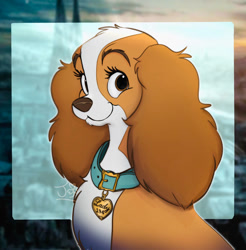 Size: 887x901 | Tagged: dead source, safe, artist:julianneedsanap, lady (lady and the tramp), canine, cocker spaniel, dog, mammal, spaniel, feral, disney, lady and the tramp, 2d, brown eyes, bust, collar, cute, female, front view, fur, looking at you, smiling, smiling at you, solo, solo female, tan body, tan fur, three-quarter view