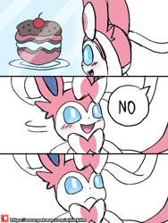 Size: 600x800 | Tagged: safe, artist:winick-lim, eeveelution, fictional species, mammal, sylveon, feral, nintendo, pokémon, 2018, ambiguous gender, blushing, comic, cute, digital art, ears, food, frowning, fur, open mouth, open smile, poffin, pure unfiltered evil, ribbons (body part), sad, smiling, solo, solo ambiguous, tail, tongue