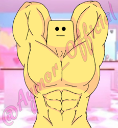 Size: 740x800 | Tagged: safe, artist:aymor_official, fictional species, food creature, hybrid, anthro, abs, biceps, bust, butter, counter butter (scratchin meloddi), dairy products, digital art, flexing, food, front view, half-length portrait, hands behind back, hands behind head, looking at you, male, muscles, muscular anthro, muscular male, nudity, pecs, portrait, scratchin meloddi, shaded, simple background, solo, solo male, text, video game, watermark, yellow body