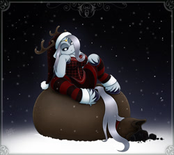 Size: 1500x1337 | Tagged: safe, artist:drxii, krampus, oc, equine, mammal, pony, anthro, 2022, antlers, christmas, clothes, female, fur, glowing, glowing eyes, hair, hat, headwear, holiday, hooves, krampa, santa hat, simple background
