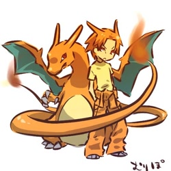 Size: 512x512 | Tagged: safe, artist:hitec, charizard, fictional species, human, mammal, feral, humanoid, nintendo, pokémon, 3 toes, belly, blue wings, bottomwear, claws, clothes, colored wings, cosplay, duo, feet, fire, flaming tail, fully clothed, generation 1 pokemon, gijinka, grey claws, hair, hand in pocket, horn, humanized, long tail, looking at you, male, membrane (anatomy), multicolored body, multicolored scales, multicolored wings, orange body, orange bottomwear, orange clothing, orange hair, orange horn, orange pants, orange scales, orange tail, orange wings, pants, pockets, pokemon (species), red eyes, scales, shirt, simple background, skin, snout, species swap, spread wings, standing, starter pokémon, t-shirt, tail, tan belly, tan body, tan scales, tan skin, toe claws, toes, topwear, two tone scales, two tone wings, two toned body, unamused, video game, webbed wings, white background, wings, yellow clothing, yellow shirt, yellow topwear