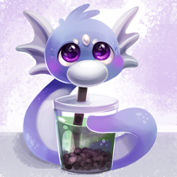 Size: 800x800 | Tagged: safe, artist:tsaoshin, dratini, fictional species, feral, nintendo, pokémon, ambiguous gender, bubble tea, container, cup, drinking, drinking straw, solo, solo ambiguous