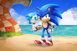 Size: 1200x800 | Tagged: safe, artist:tsaoshin, sonic the hedgehog (sonic), hedgehog, mammal, anthro, sega, sonic the hedgehog (series), beach, food, looking at you, male, popsicle, seaside, solo, solo male, unamused, water