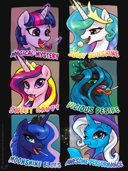 Size: 1250x1667 | Tagged: safe, artist:kp-shadowsquirrel, princess cadence (mlp), princess celestia (mlp), princess luna (mlp), queen chrysalis (mlp), trixie (mlp), twilight sparkle (mlp), alicorn, arthropod, changeling, changeling queen, equine, fictional species, mammal, pony, unicorn, feral, friendship is magic, hasbro, my little pony, 2015, 2d, black body, black fur, blue body, blue eyes, blue fur, blue hair, blue mane, cape, clothes, crown, cute, eating, english text, female, females only, fur, green eyes, group, hair, hat, headwear, horn, jewelry, lollipop, looking at you, mane, mare, multicolored hair, multicolored mane, one eye closed, open mouth, pink body, pink eyes, pink fur, purple body, purple eyes, purple fur, regalia, smiling, smiling at you, telekinesis, text, tongue, tongue out, two toned hair, wall of tags, white body, white fur, white hair, white mane, winking