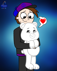 Size: 1616x2020 | Tagged: safe, artist:mrstheartist, collaboration, oc, oc:mr.s, bear, fictional species, human, mammal, semi-anthro, care bears, care bears: unlock the magic, care bear, digital art, free to use, gradient background, heart, holding a bear, looking at each other, love heart, medibang paint, snapback