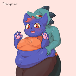 Size: 1100x1100 | Tagged: suggestive, artist:mangosour, bea santello (nitw), mae borowski (nitw), cat, crocodile, crocodilian, feline, mammal, reptile, anthro, night in the woods, 2022, belly button, belly grab, big breasts, blue body, blue fur, blushing, bottomwear, breasts, claws, clothes, colored sclera, duo, duo female, fat, fat fetish, female, female/female, females only, fur, huge belly, looking down, midriff, obese, open mouth, open smile, pants, partial nudity, paw pads, paws, red eyes, shipping, shirt, signature, smiling, sweat, t-shirt, text, thick thighs, thighs, topless, topwear, yellow sclera